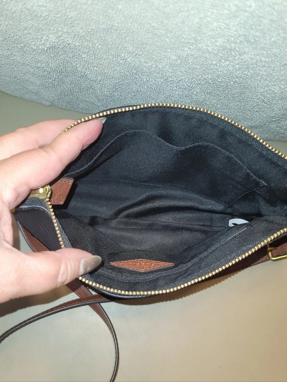 Fossil Black & White Patterned Crossbody with Brown Strap.